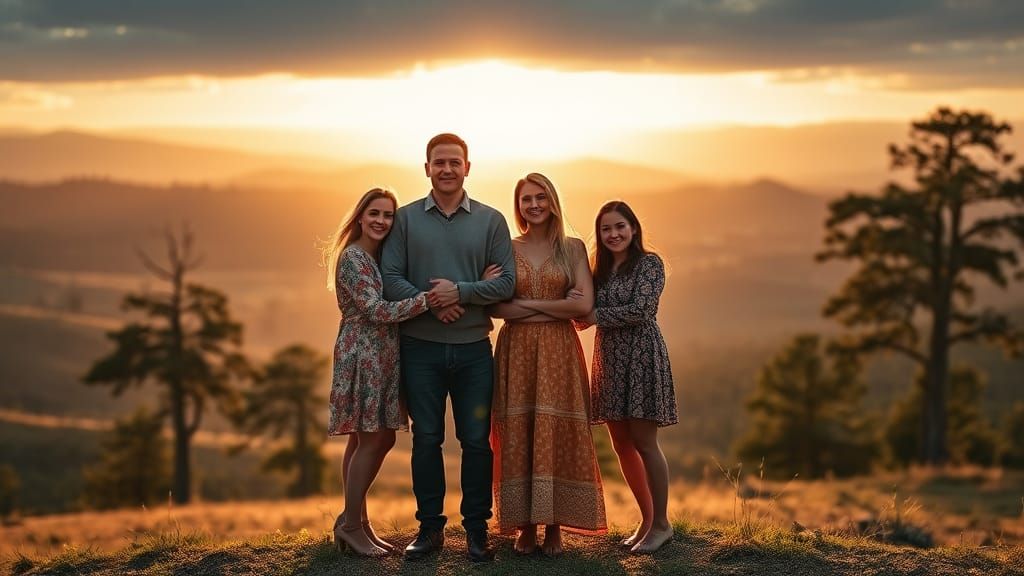 United Family in Golden Hour Landscape: Fotoshot