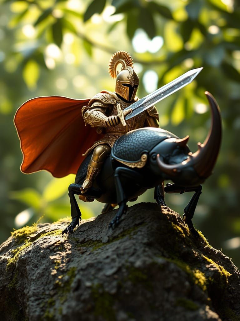 Golden Knight on Rhinoceros Beetle, in Cinematic Style