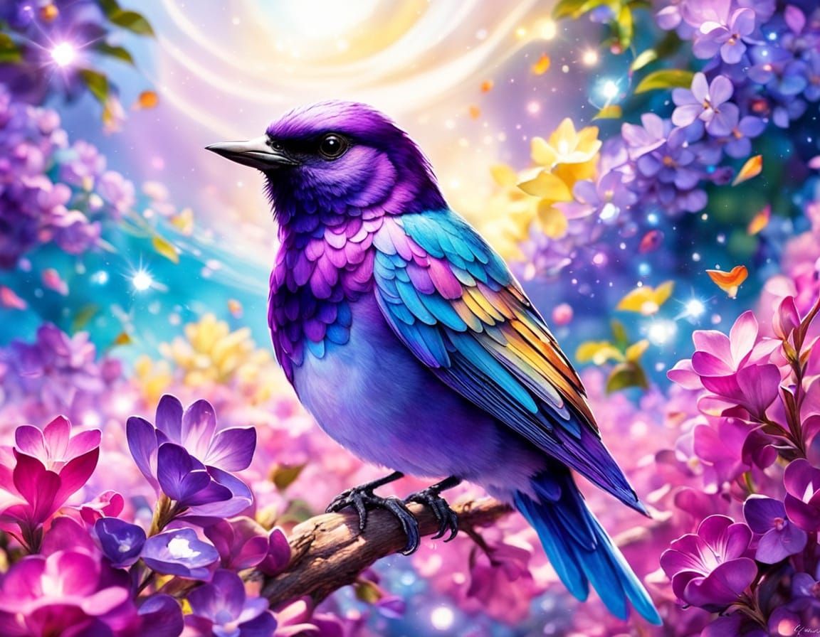 Iridescent Bird Portrait in Whimsical Hawaiian Garden