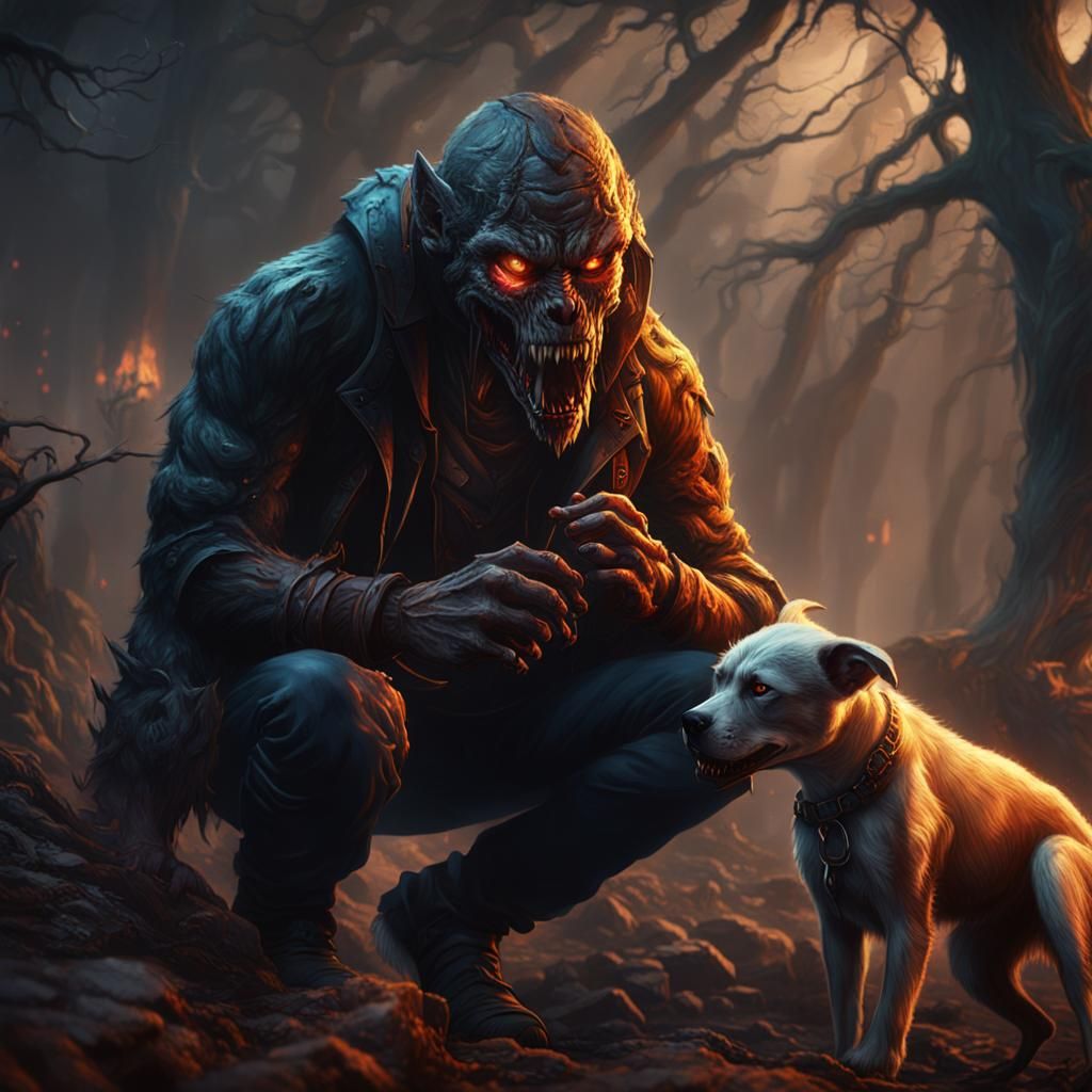 Skinwalker Devouring a Dog: Detailed Fantasy Art