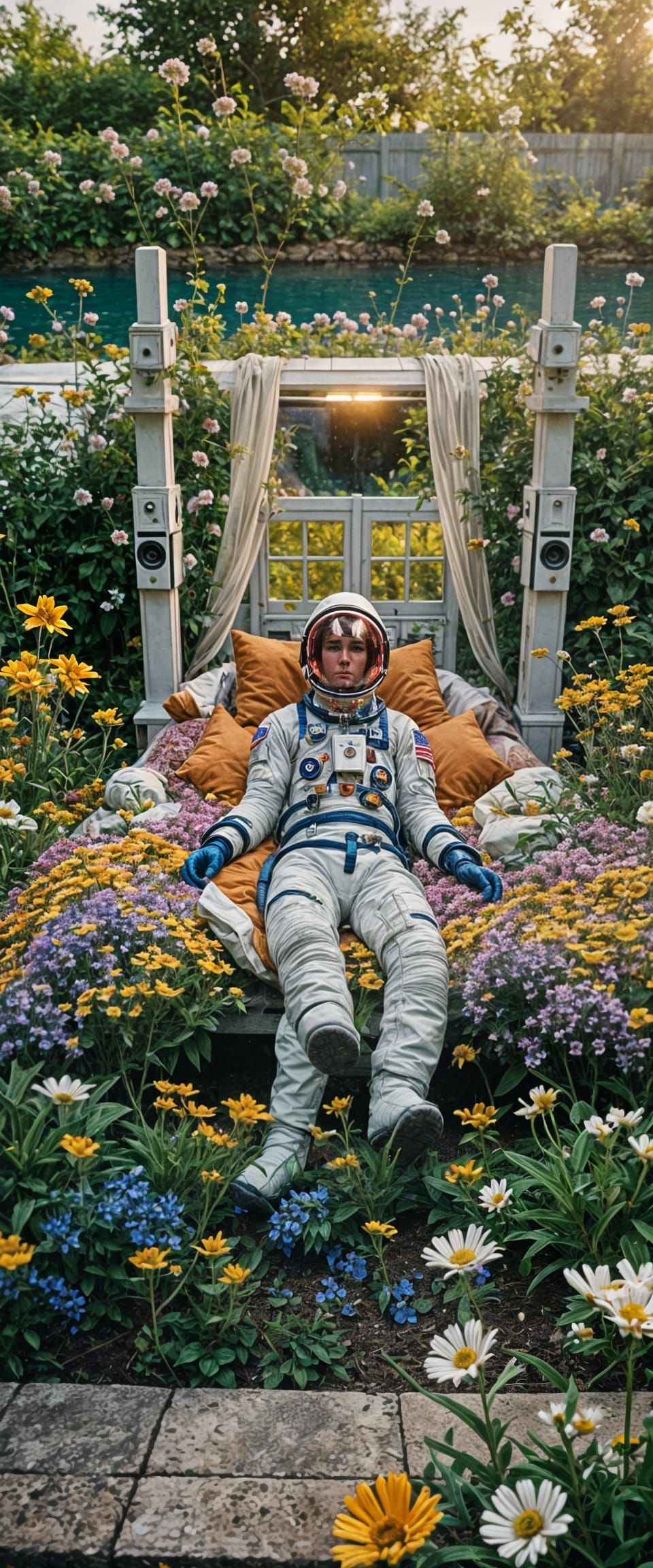 Astronaut in Blooming Garden Universe Reflected