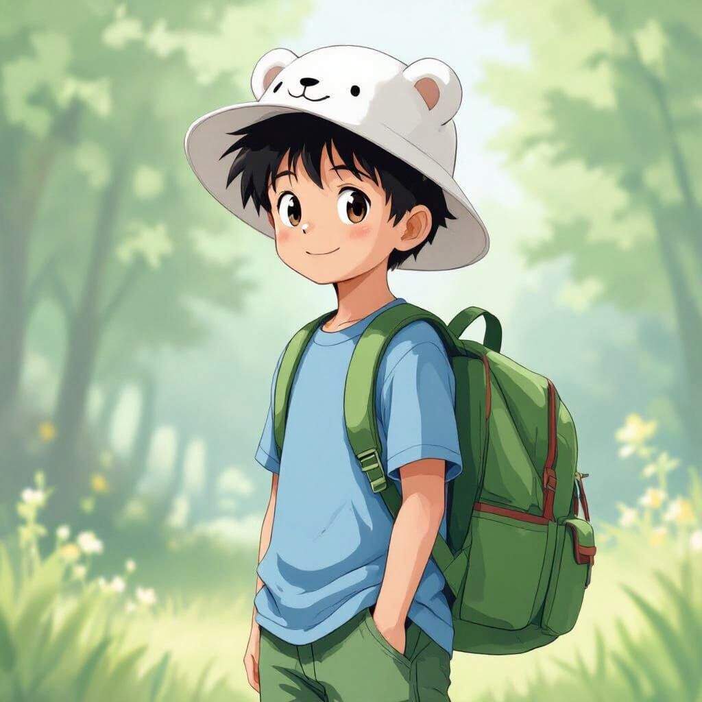 Boy with Bear Hat in Anime Style