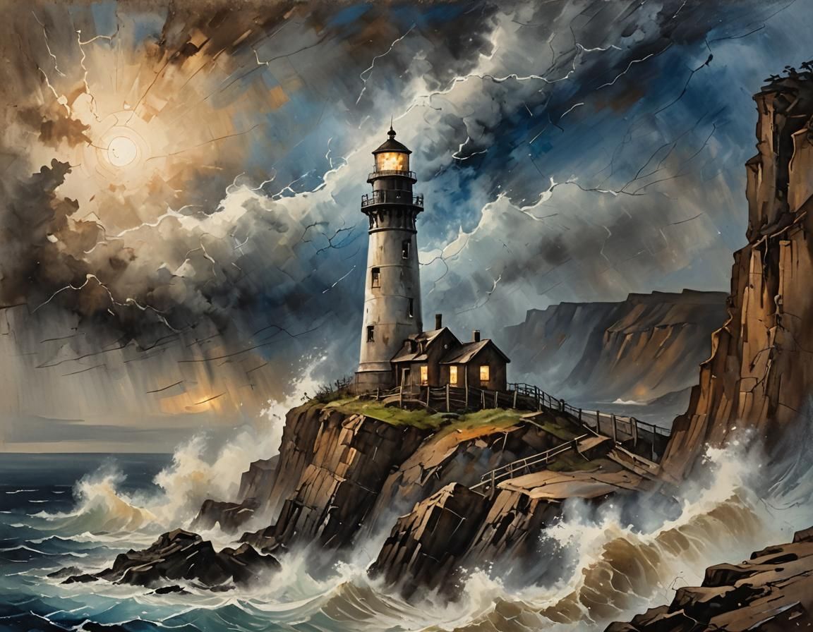 Lighthouse in Storm: Expressionist Oil Painting