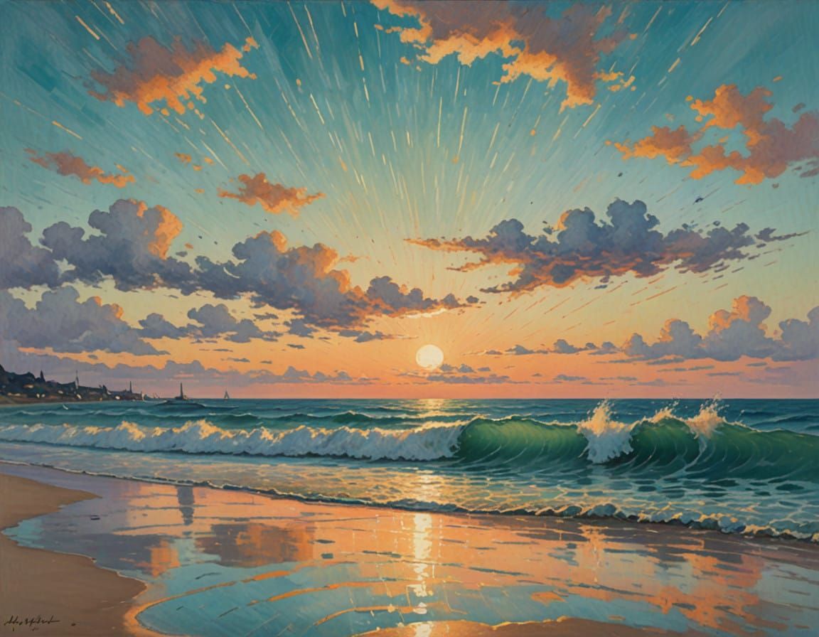 Warm Beach Sunset with Swimmers and Flying Fish