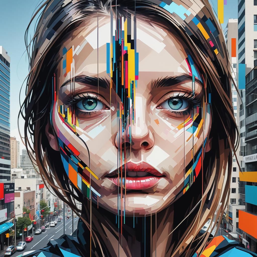 Abstract Glitch Art: Pixelated Portraits in Cityscapes