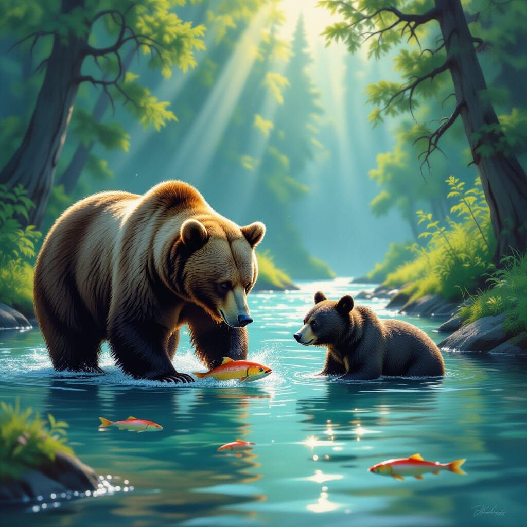 Bears Fishing in Lush Forest, Realistic Painterly Style