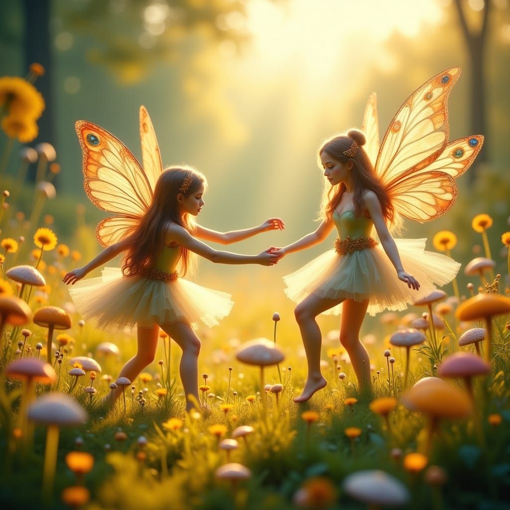 Fairies Dance in Sun-Dappled Meadow, Ethereal Glow