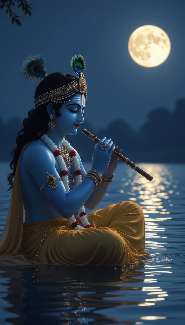 Lord Krishna by Yamuna River at Night, Digital Illustration