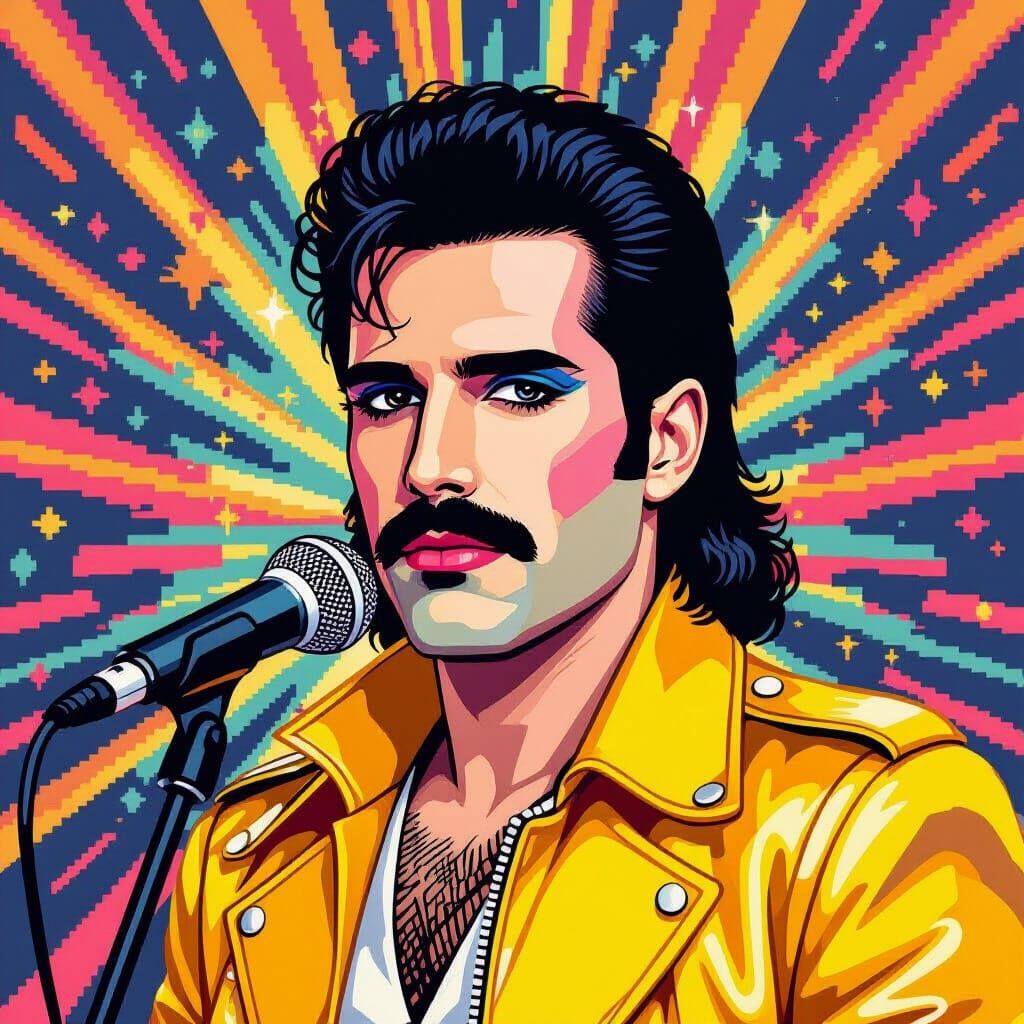 Pixel Art Portrait of Freddie Mercury in Yellow Jacket