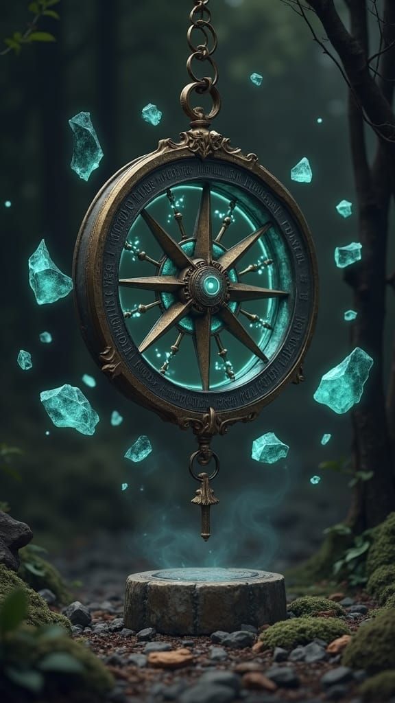 Enchanted Compass in Mystical Forest, Digital Matte Painting