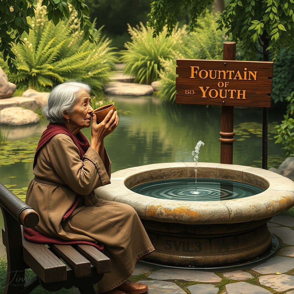 Elderly Woman Drinks from Fountain of Youth
