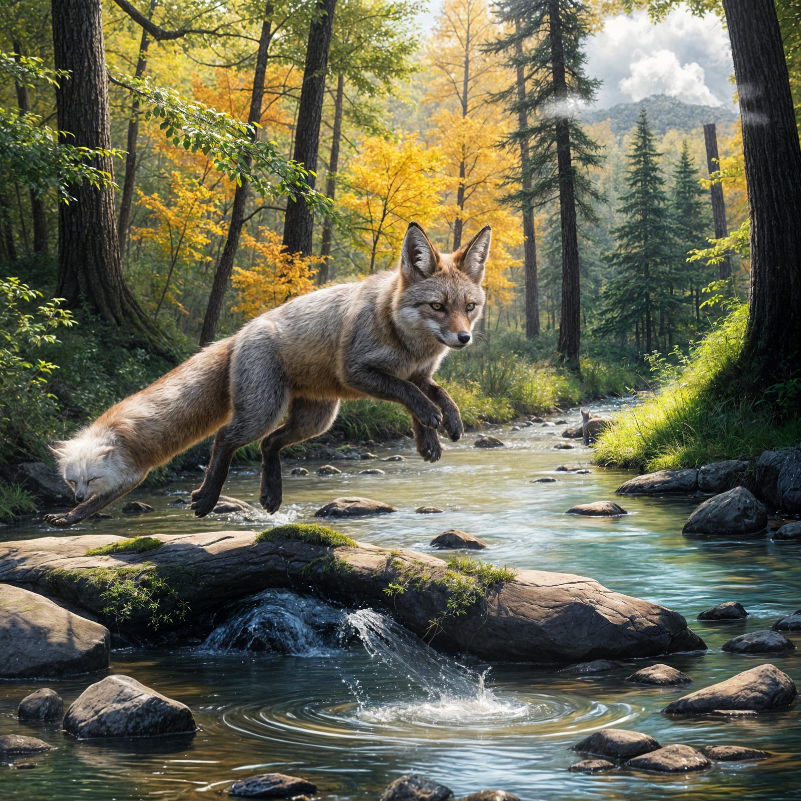 Grey Fox Leaping in Forested Riparian