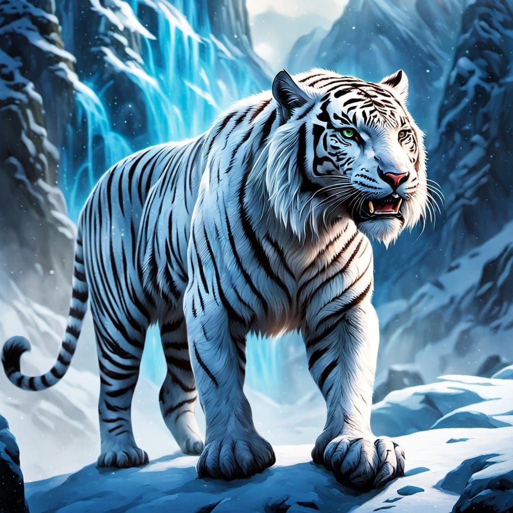 White Tiger-Dragon Hybrid in Icy Mountains