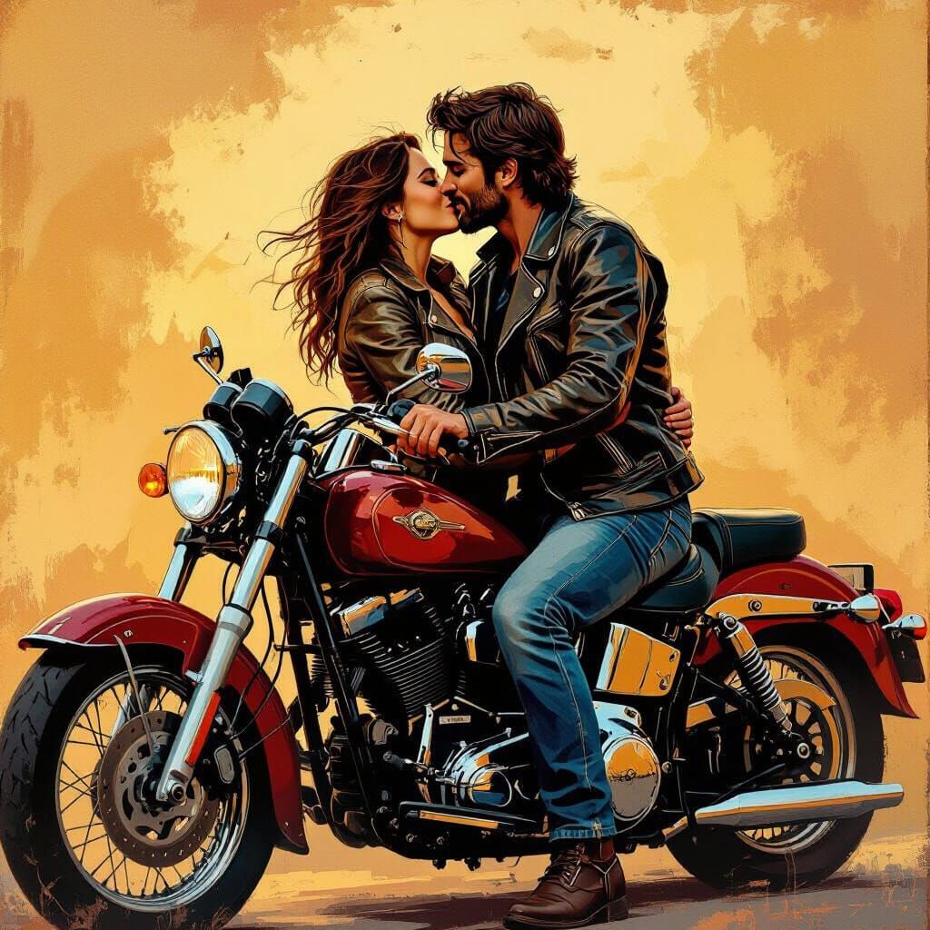 Biker Couple Embrace: Digital Painting with Bold Brushstroke...