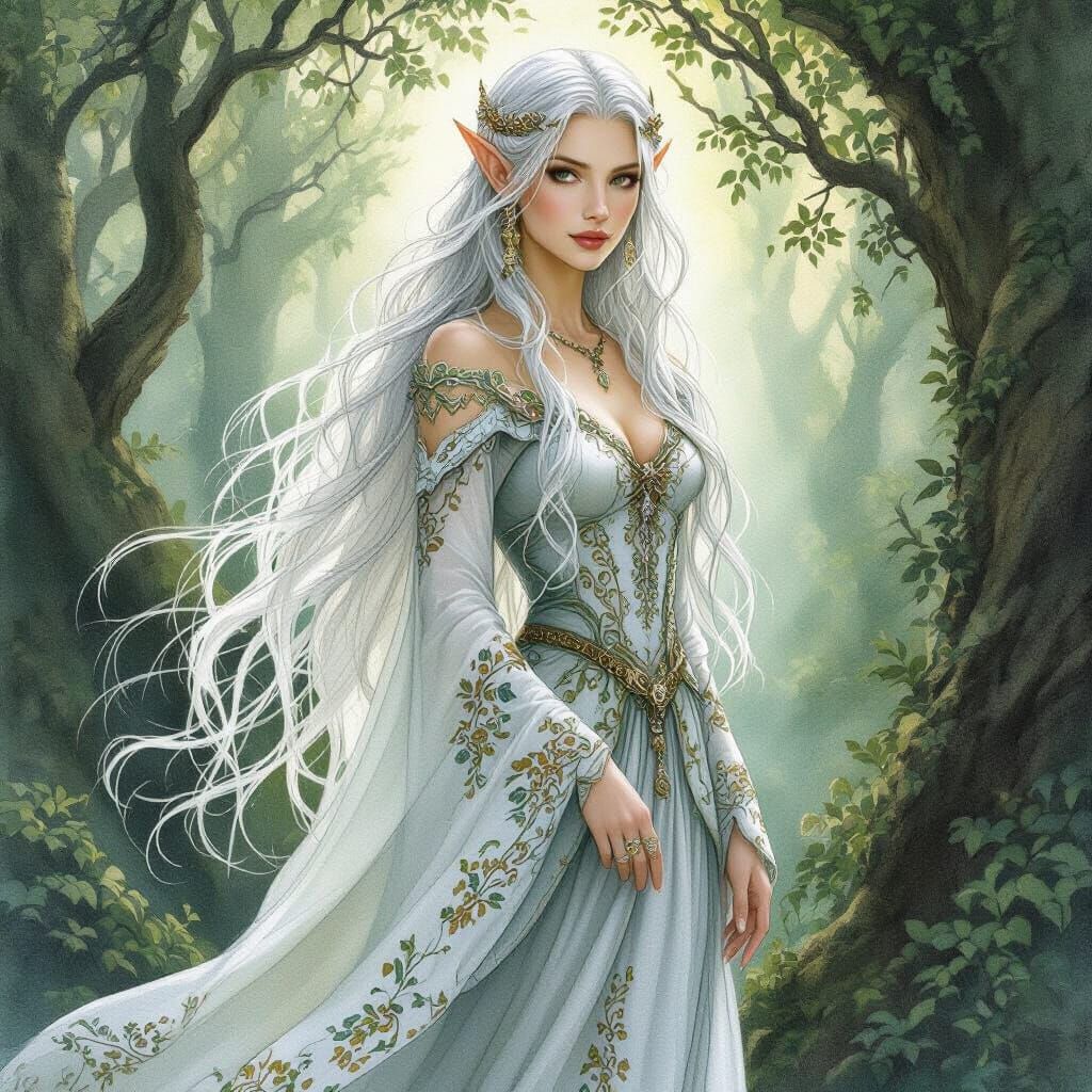 Enchanting Elf Queen in Forest, Watercolor Style