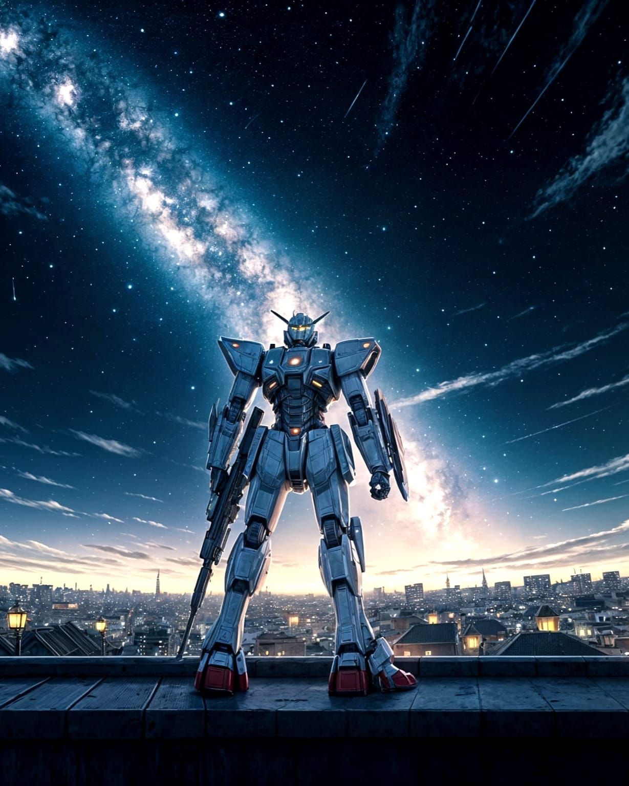 A contemplative anime-style mecha