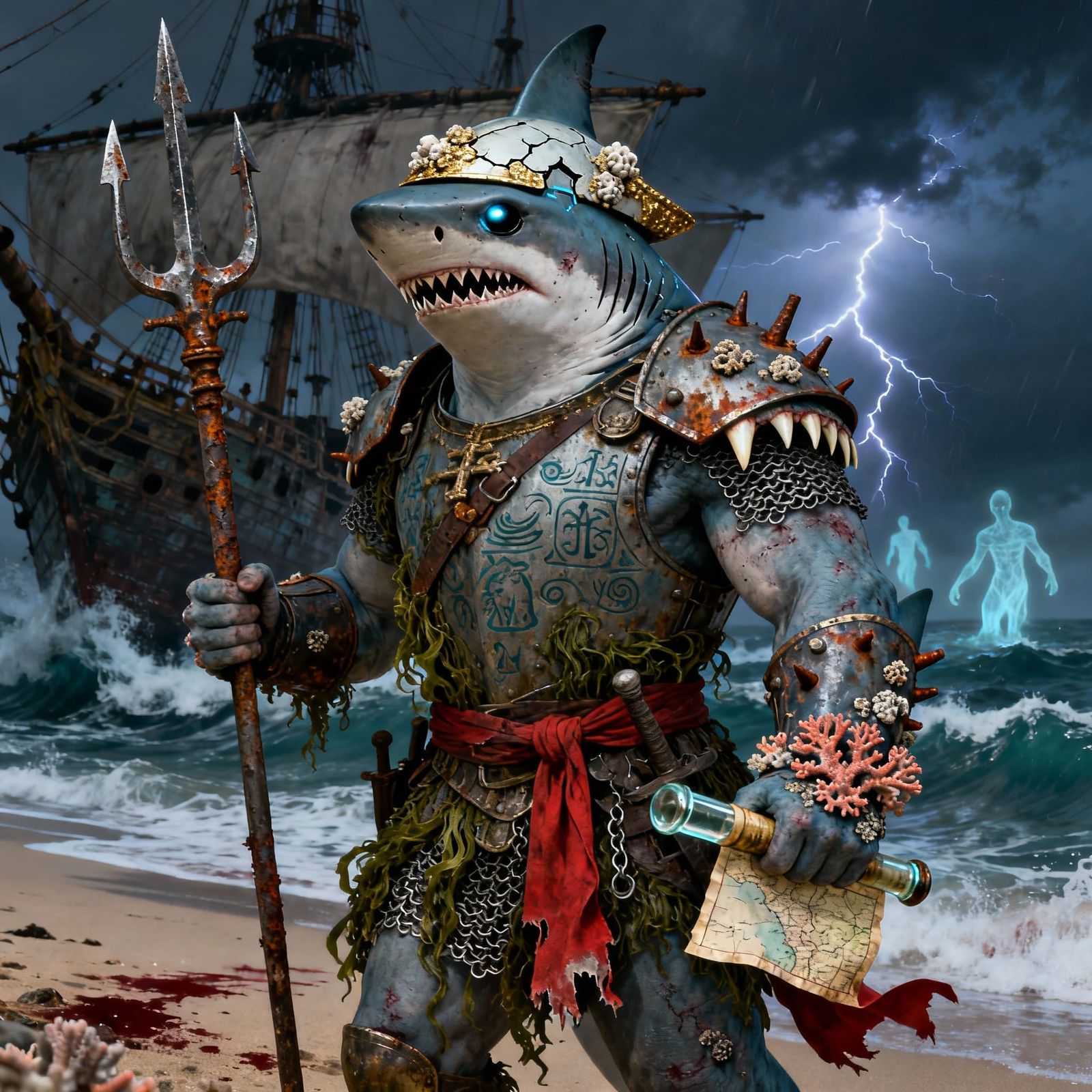 Shark Conquistador on Stormy Beach