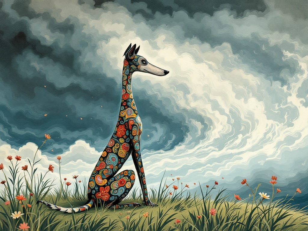 Stylized Dog in Paisley Patterns Amidst Stormy Winds