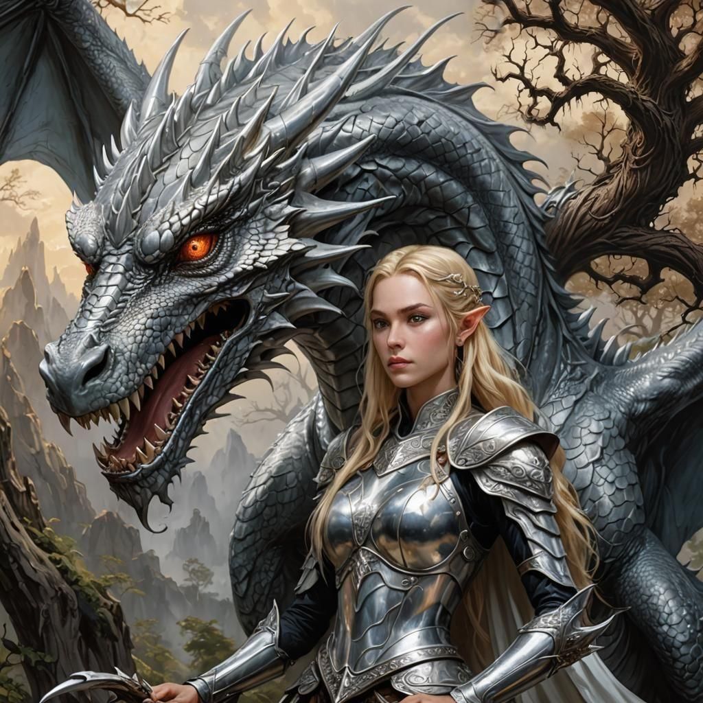 Blonde Elven Princess and Her Majestic Silver Dragon in Drag...