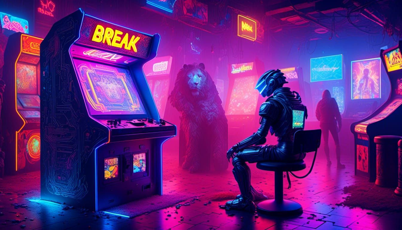 Robot Contemplates Arcade Game in Neon 80s Style