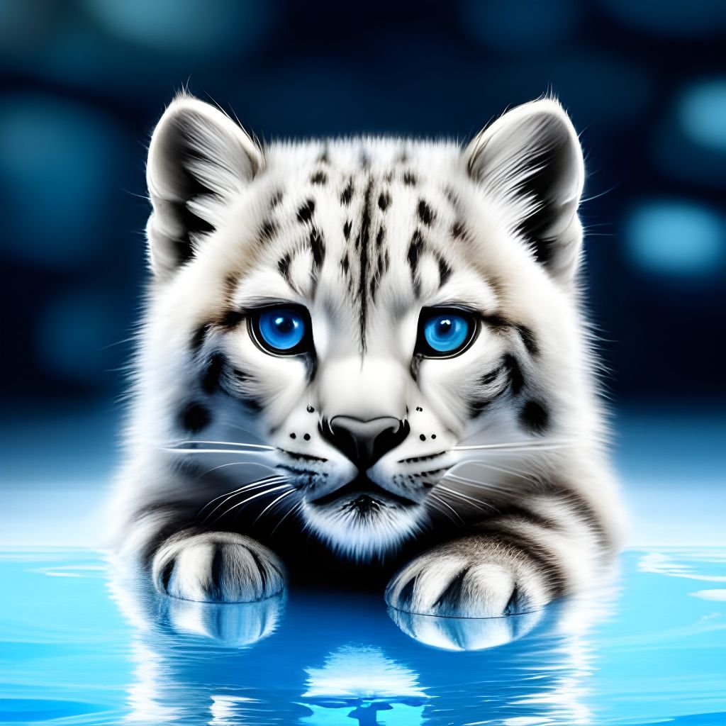 Fluffy Snow Leopard Kitten Reflected in Glassy Pool