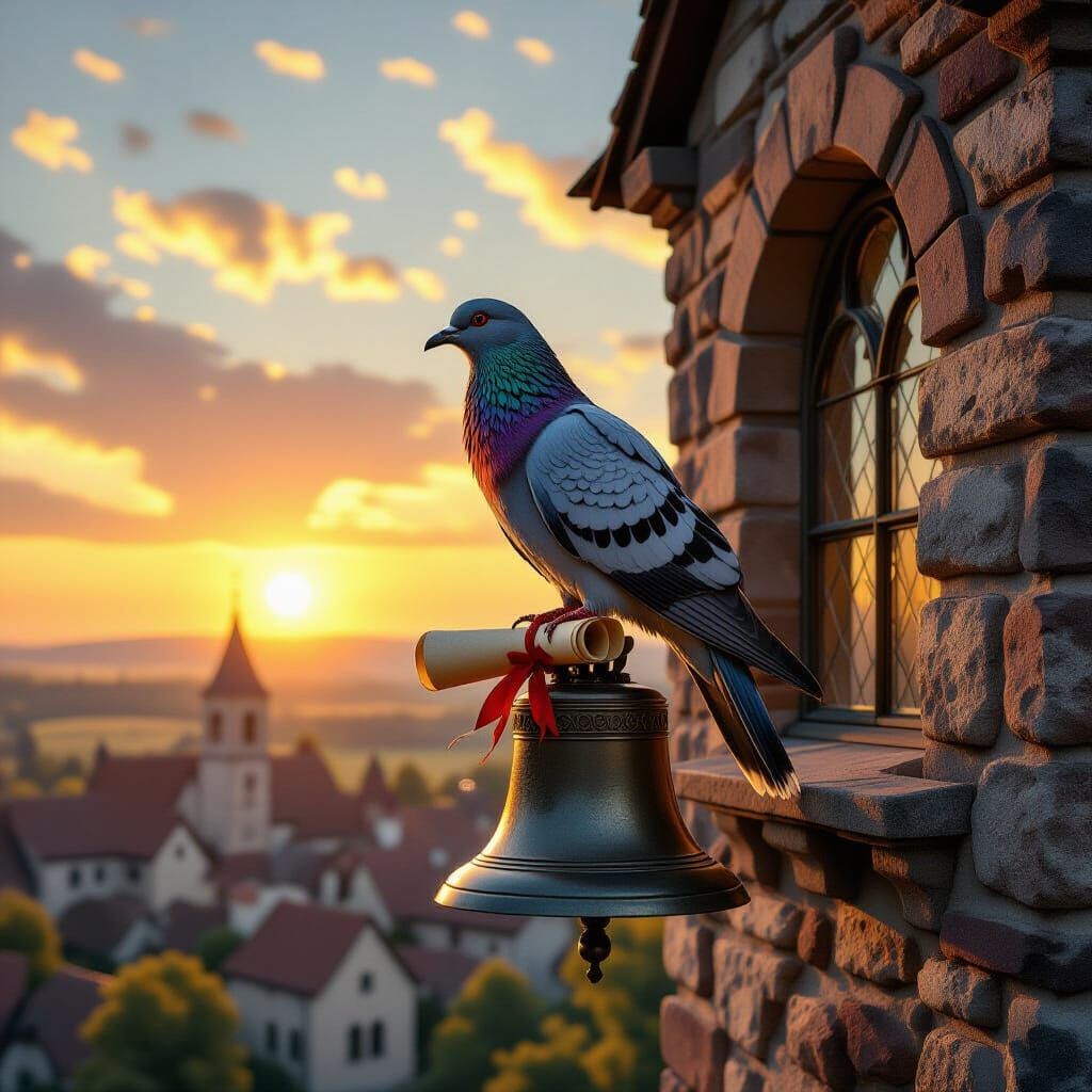 Passenger Pigeon Messenger Above Medieval Village