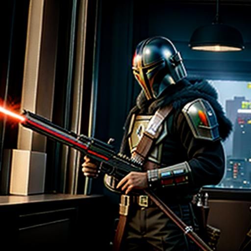 Mandalorian Warrior with Wookie Bowcaster in Cityscape