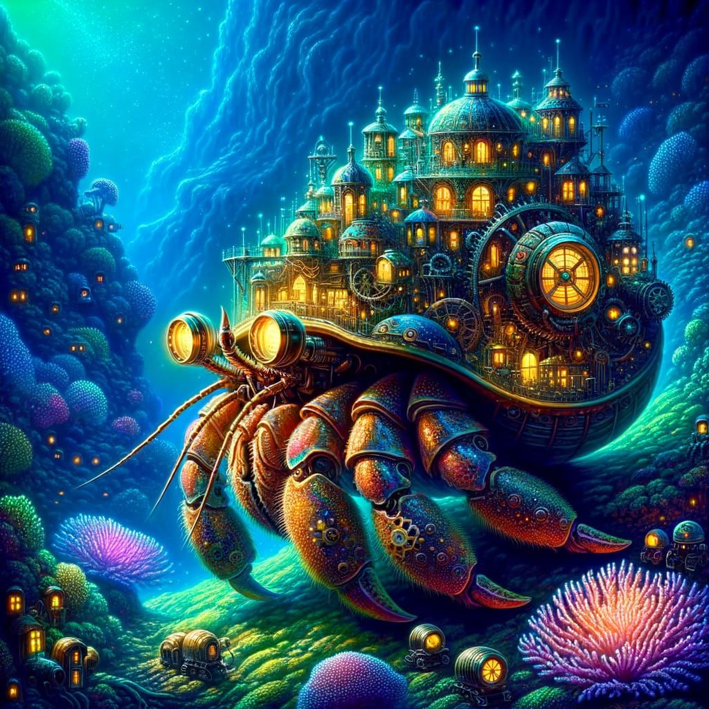 Bioluminescent Hermit Crab Steampunk City Undersea Digital A...