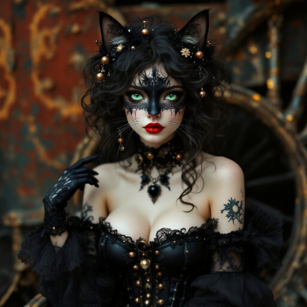 Elegant Gothic Gypsy Feline Woman in Vibrant Beauty Portrait