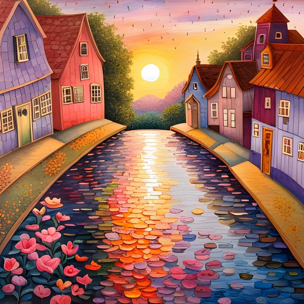 Watercolor Patchwork Village Sunrise with Petal Rain