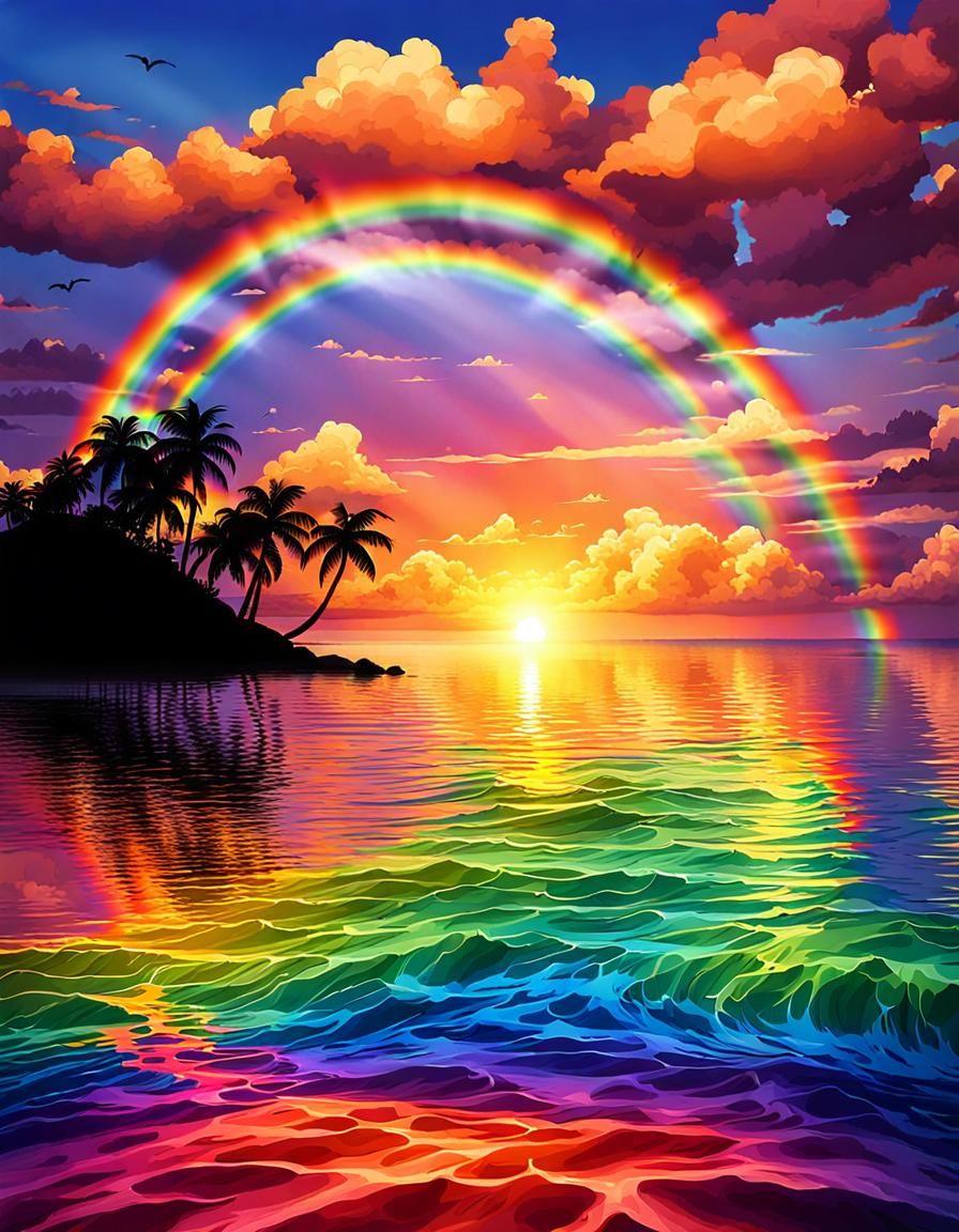 Tropical Island Sunset with Rainbow Colors