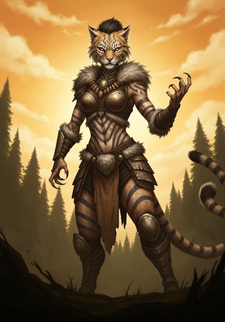 Feline-Hybrid Warrior in Forest, Digital Painting