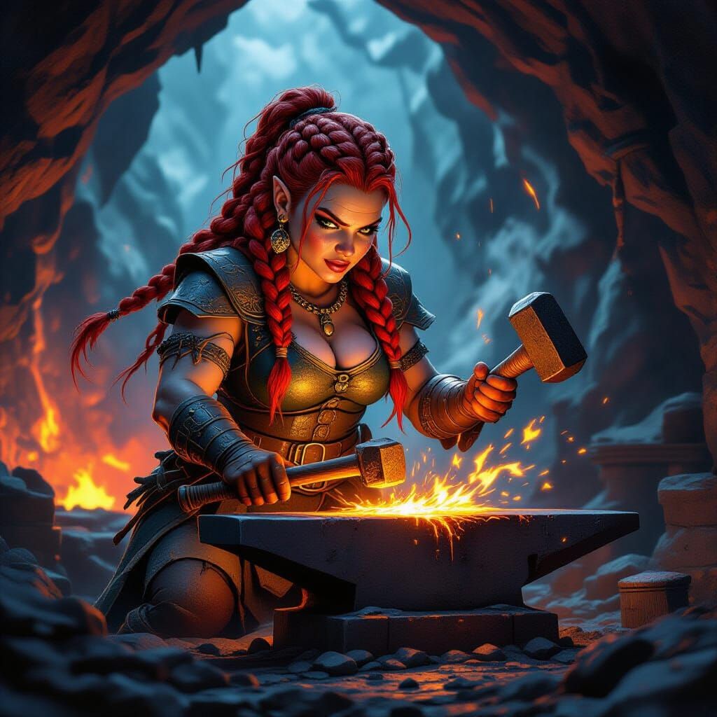 Dwarf Blacksmith Woman Forging in Volcanic Forge