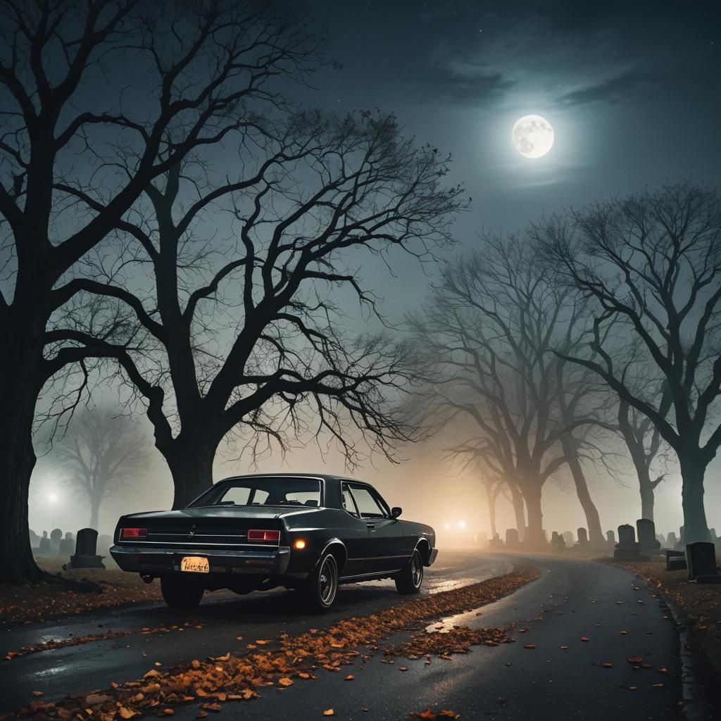 Eerie Cemetery Car Scene in Dark Romanticism Style