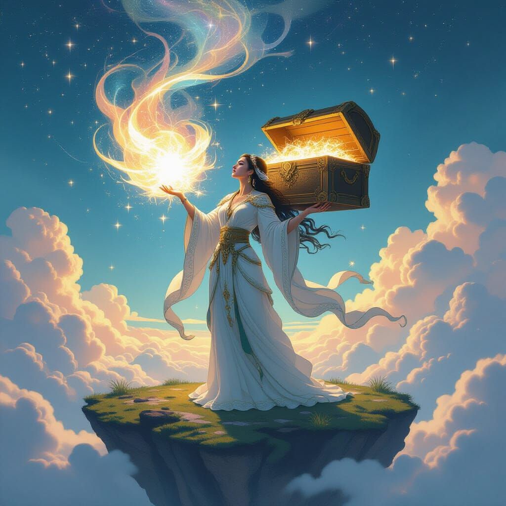 Ancient Priestess Channels Starlight from Floating Island