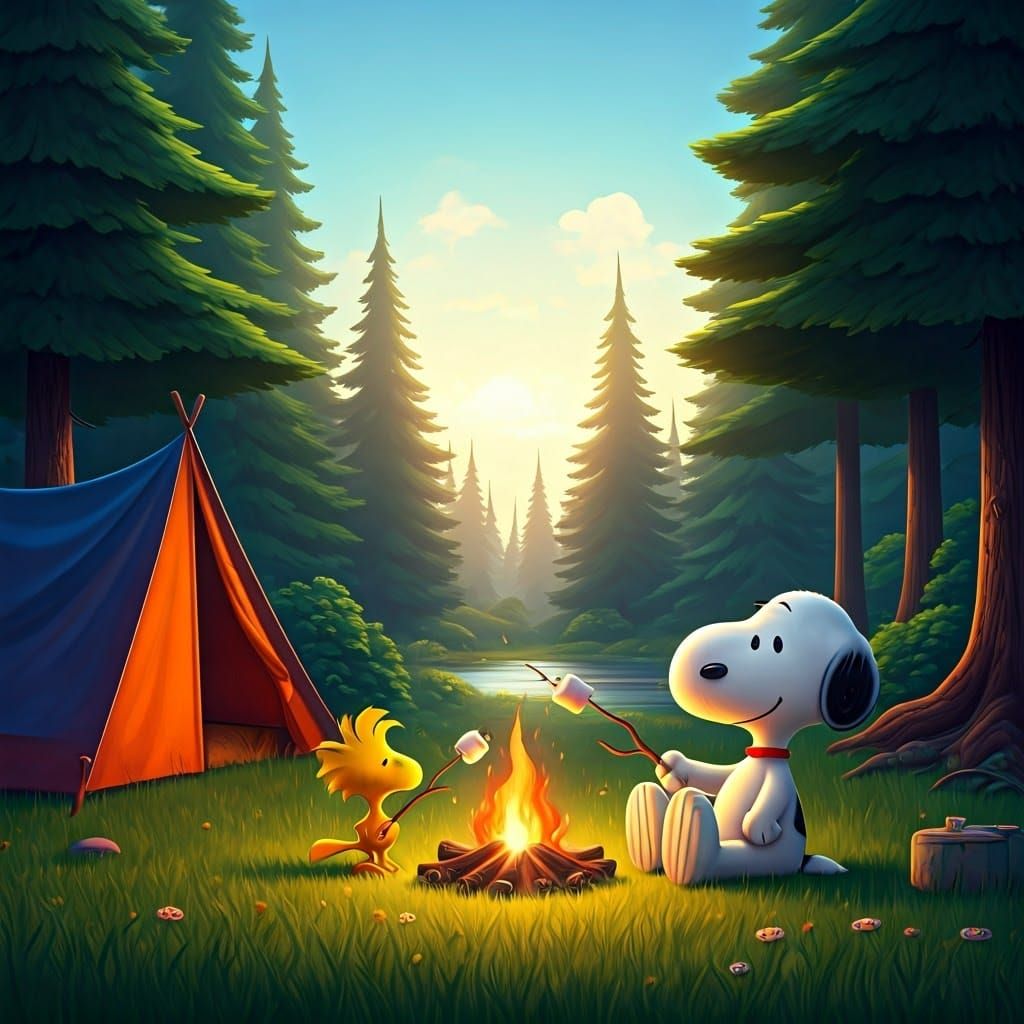 Peanuts: Snoopy and Woodstock toasting Marshmallows over a C...