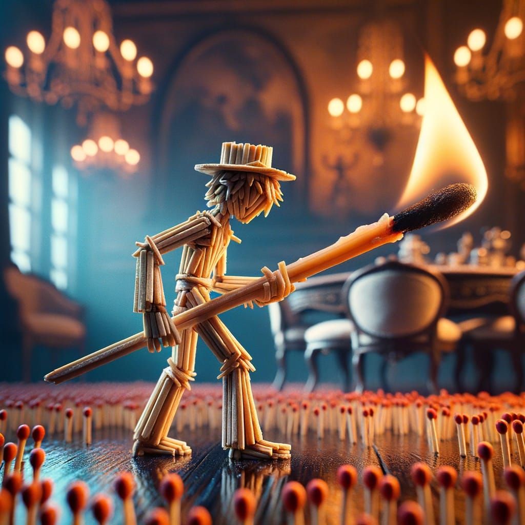 Matchstick Warrior with Candle Sword in Victorian Setting