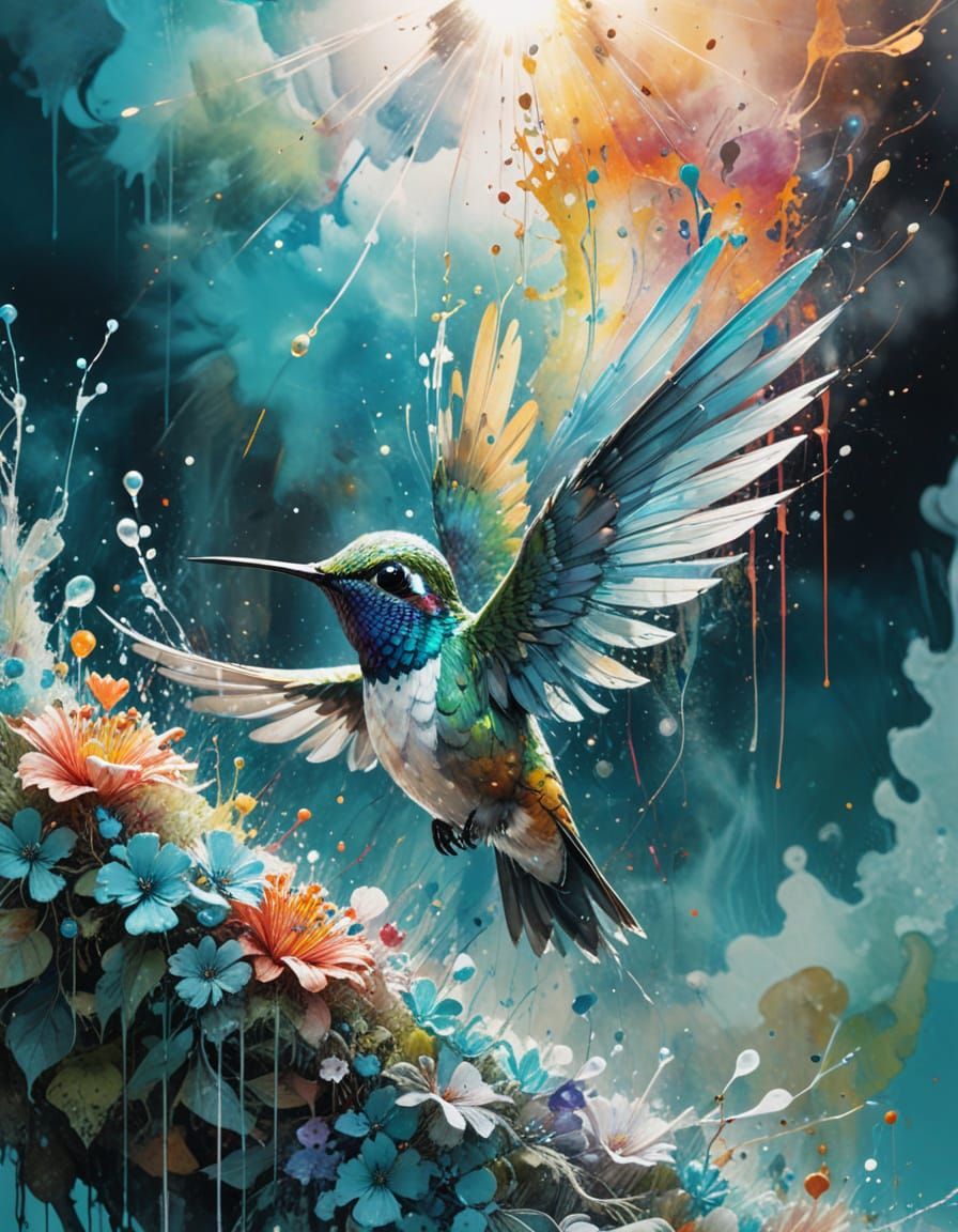 Crystalline Hummingbird Before Turquoise Geyser in Vibrant W...