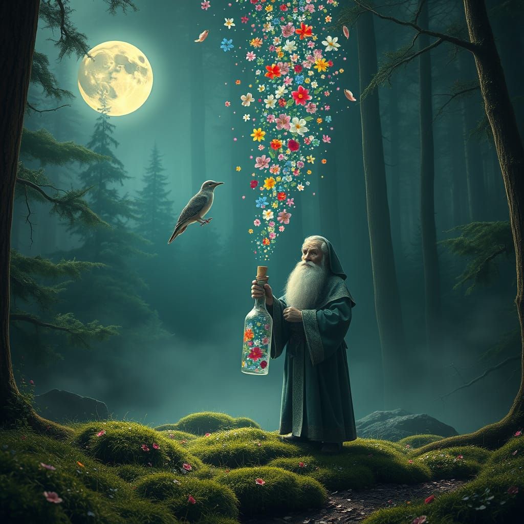 An old, wise wizard stands in the middle of a mossy forest clearing, holding an antique crystal bottle. As he opens the ...