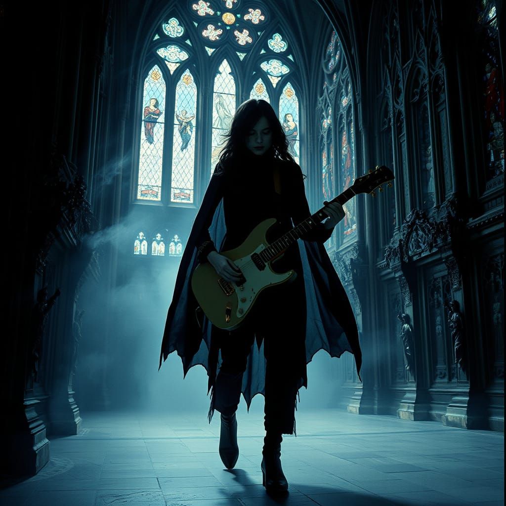 Spectral Vampire Emerges in Gothic Cathedral with Guitar