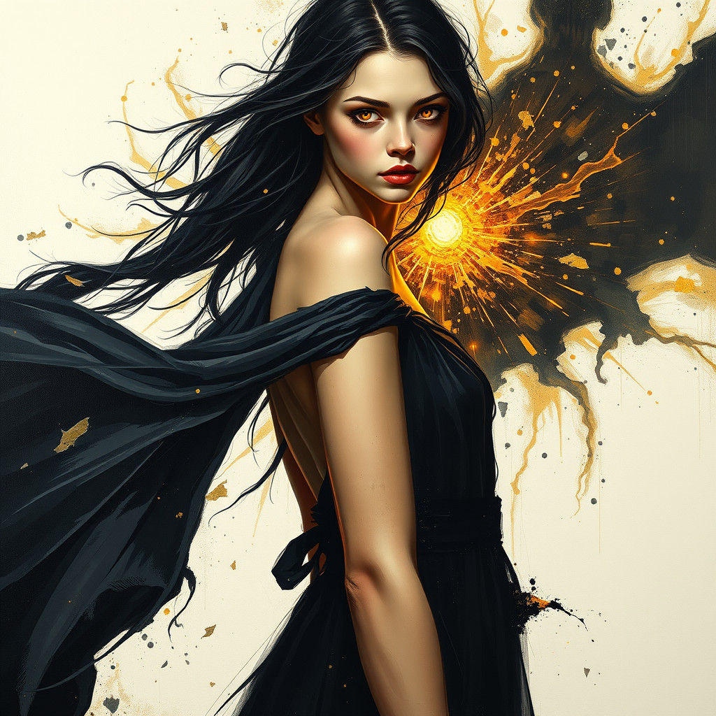 Mysterious Girl in Black Dress with Golden Eyes