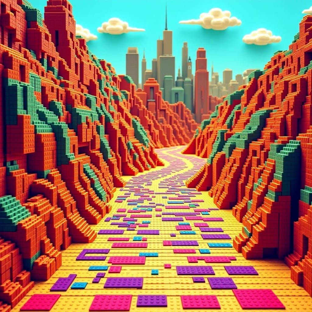 Dreamlike 2D Brick Landscape in Pop-Art Style