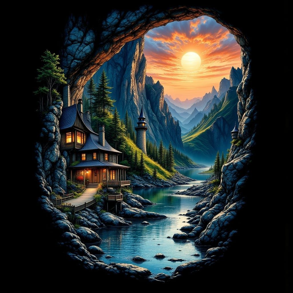 Surreal Landscape with Castle on Black Background