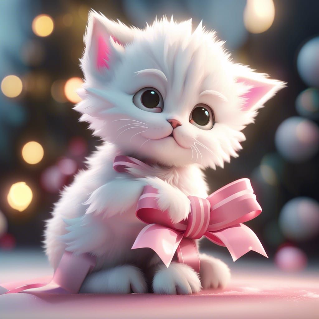 white fluffy kitten with a pink bow sitting under christmas ...