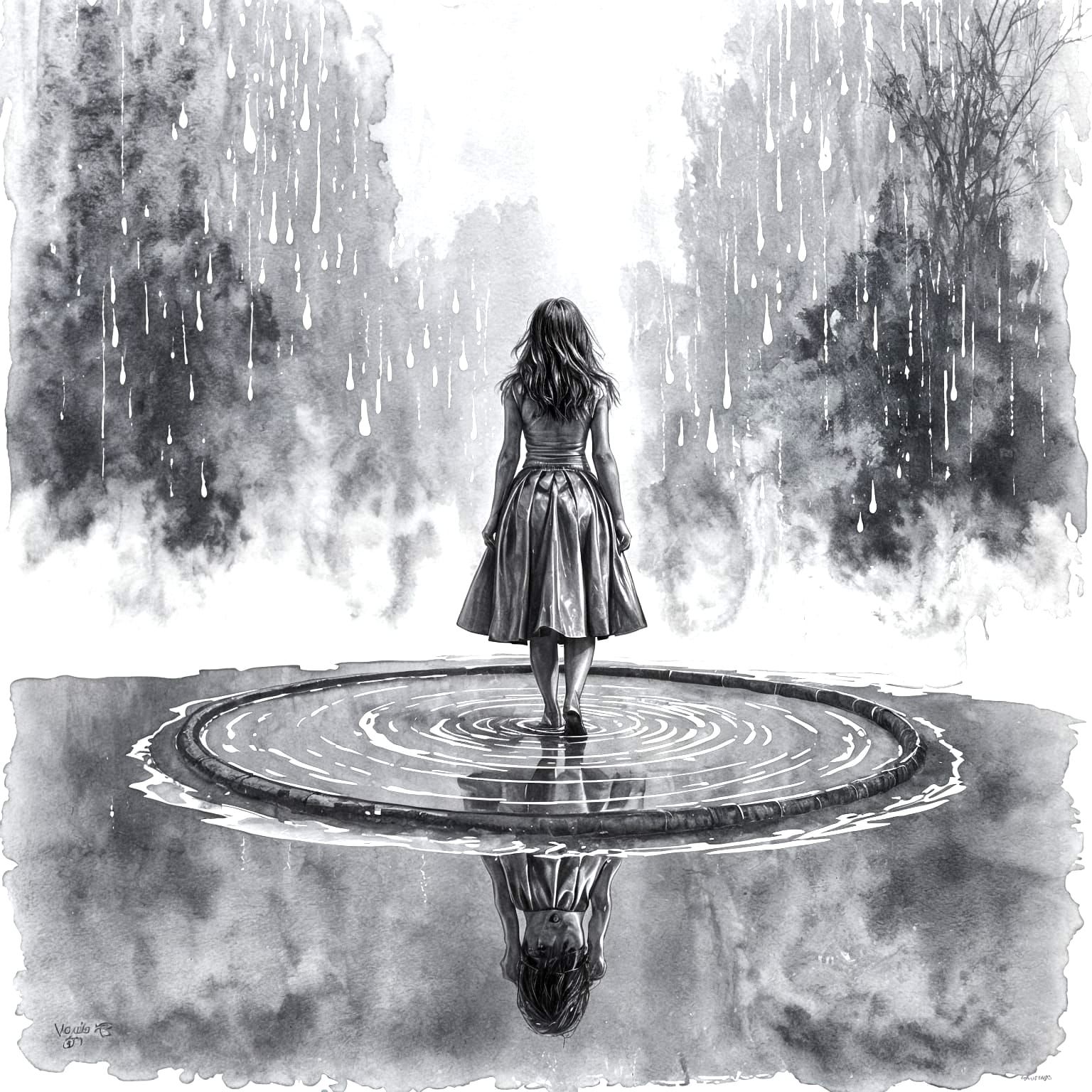 Woman in Monochromatic Rainy Puddle - Ink Drawing Watercolor...