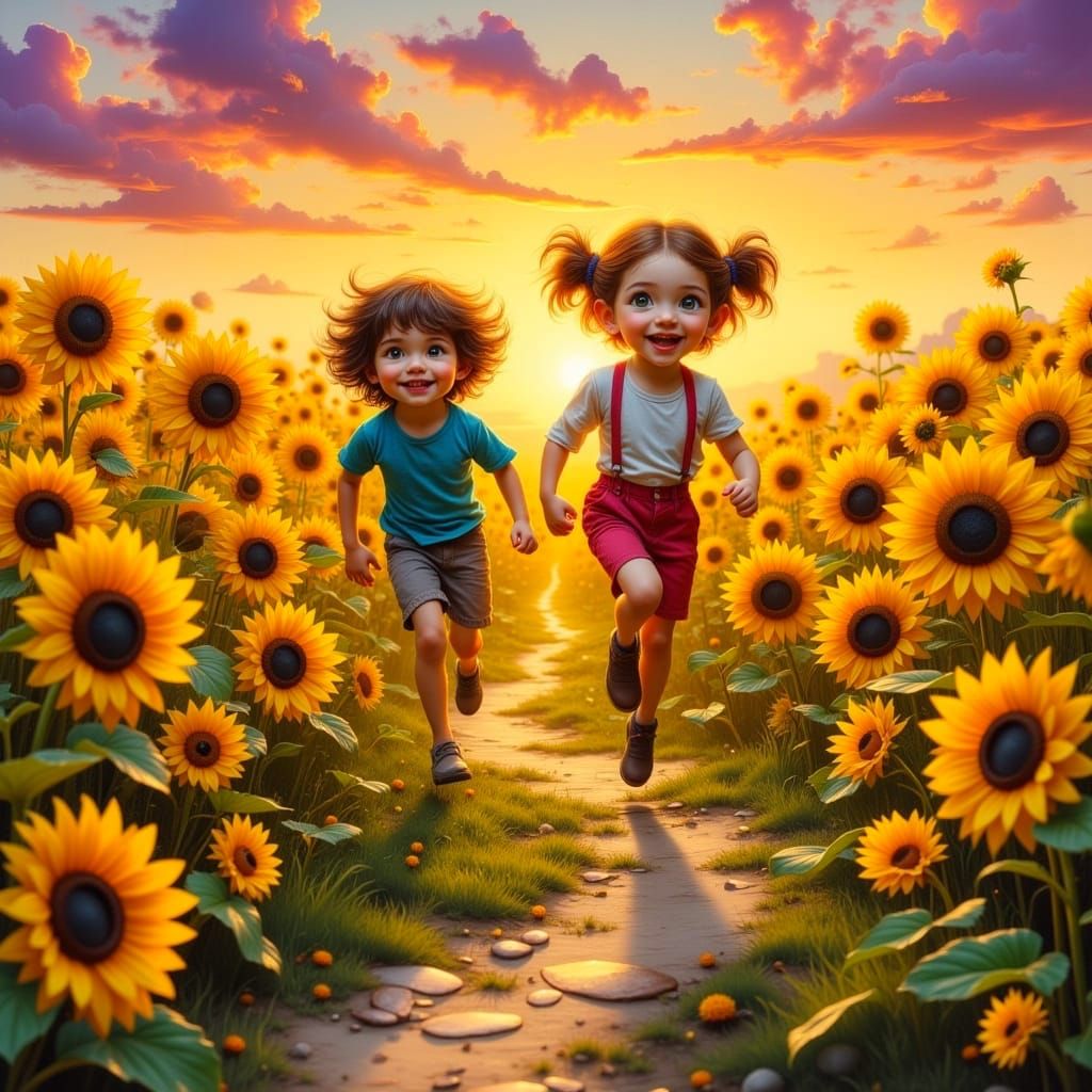 Surreal Whimsical Children Run in Sunflower Field at Sunset