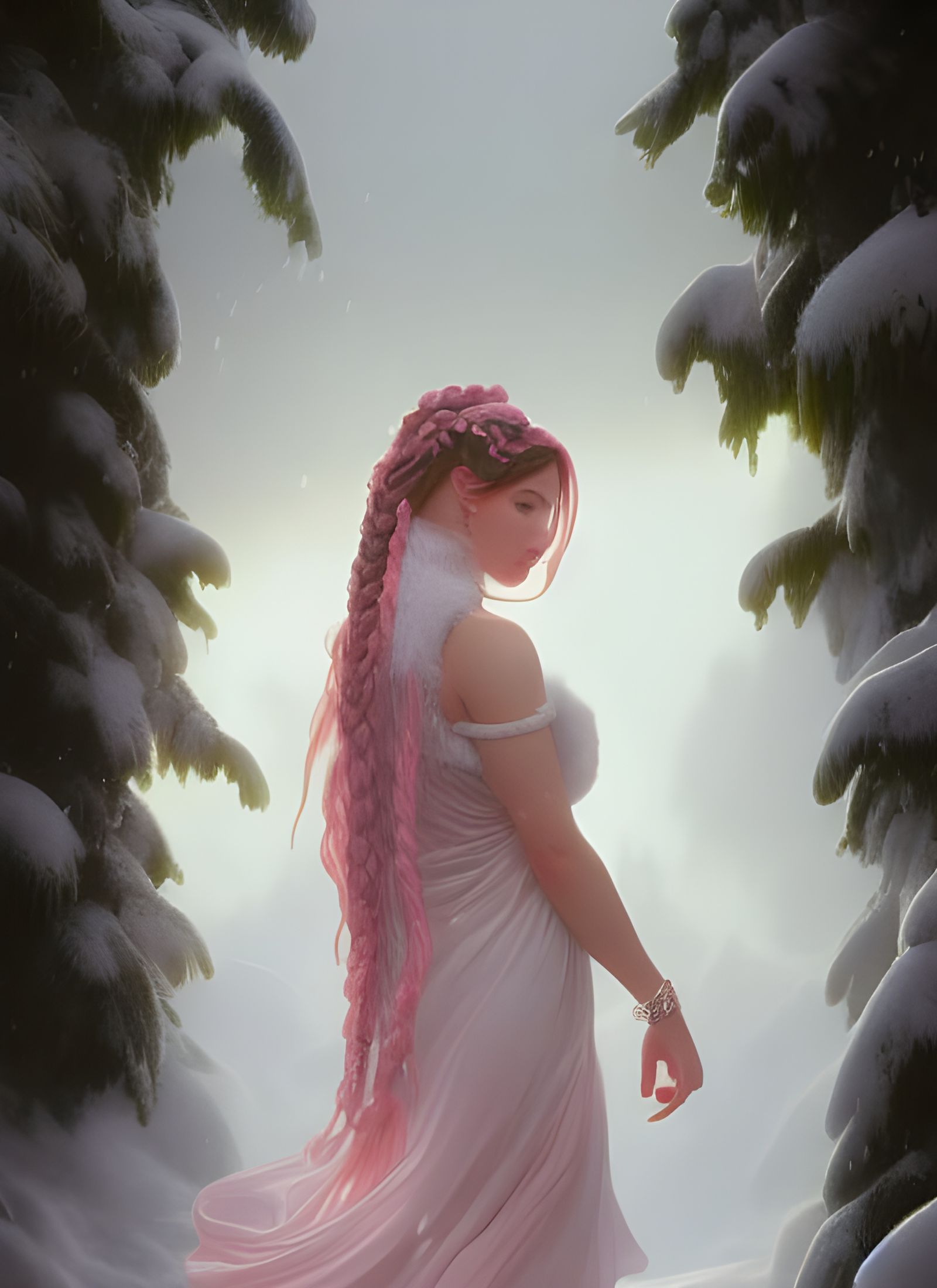 Woman with Pink Hair in Winter Snow, Digital Art