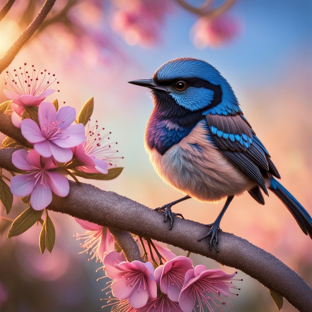 Hyperrealistic Blue Wren with Pink Flowers