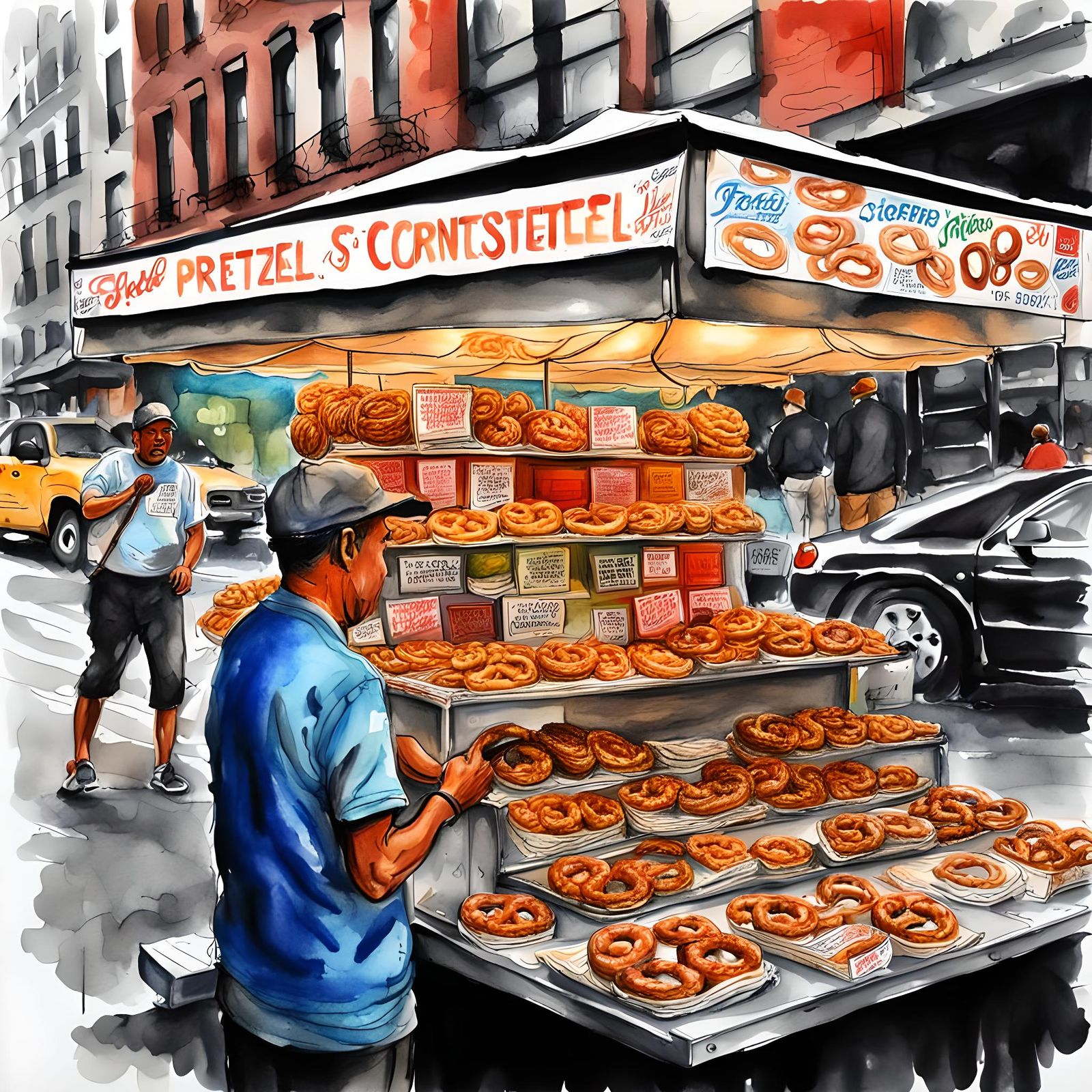 Retro Hot Pretzel Vendor in NYC Illustration