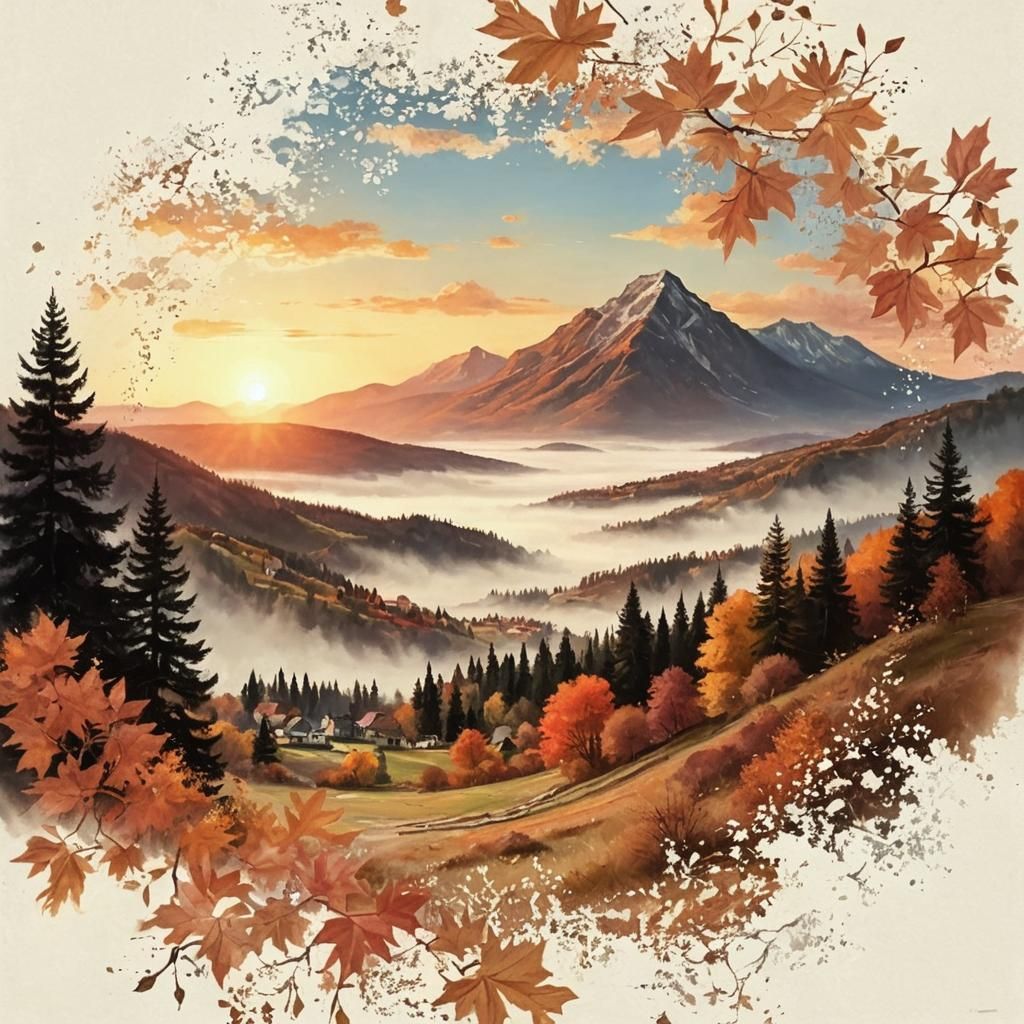 Idyllic Autumn Village Landscape in Impressionist Style